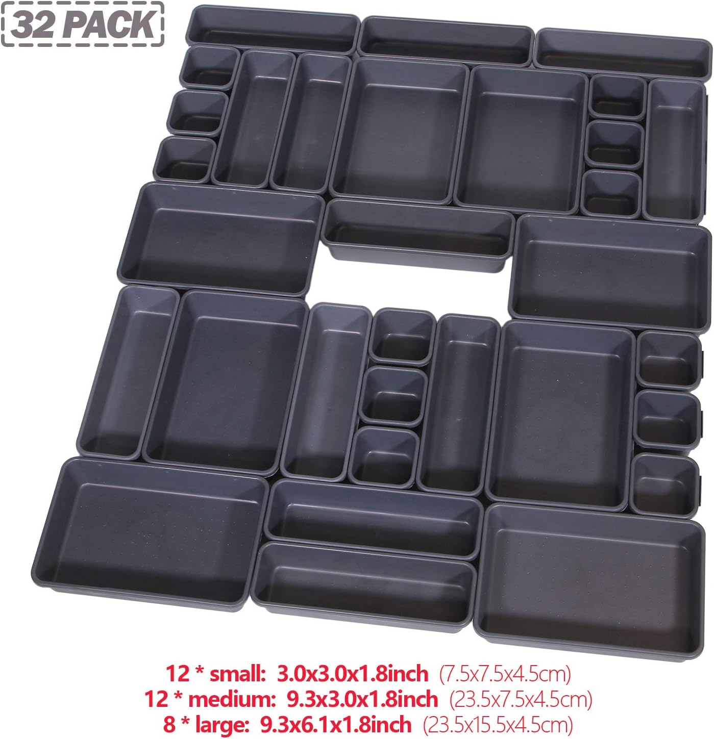 Set of 32 Interlocking Desk Drawer Organizer Tray Dividers Plastic Shallow Narrow Drawers Organizers Separators Storage Bins Container for Kitchen Bathroom Makeup Office Vanity Bedroom Dresser