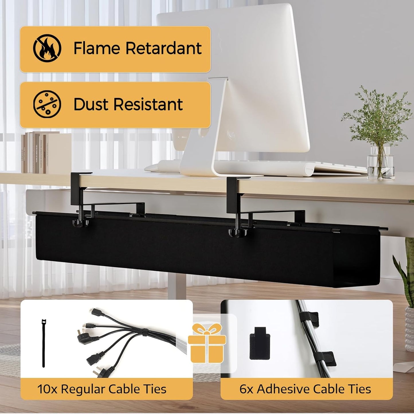 Under Desk Cable Management Tray 27.2" - No Drill Computer Wire Organizer Cable Tray, Cord Hider Clamp Mount with 16X Cable Ties PC Cables Management Cord Holder for Office/Home (Upgrade Fabric,White)