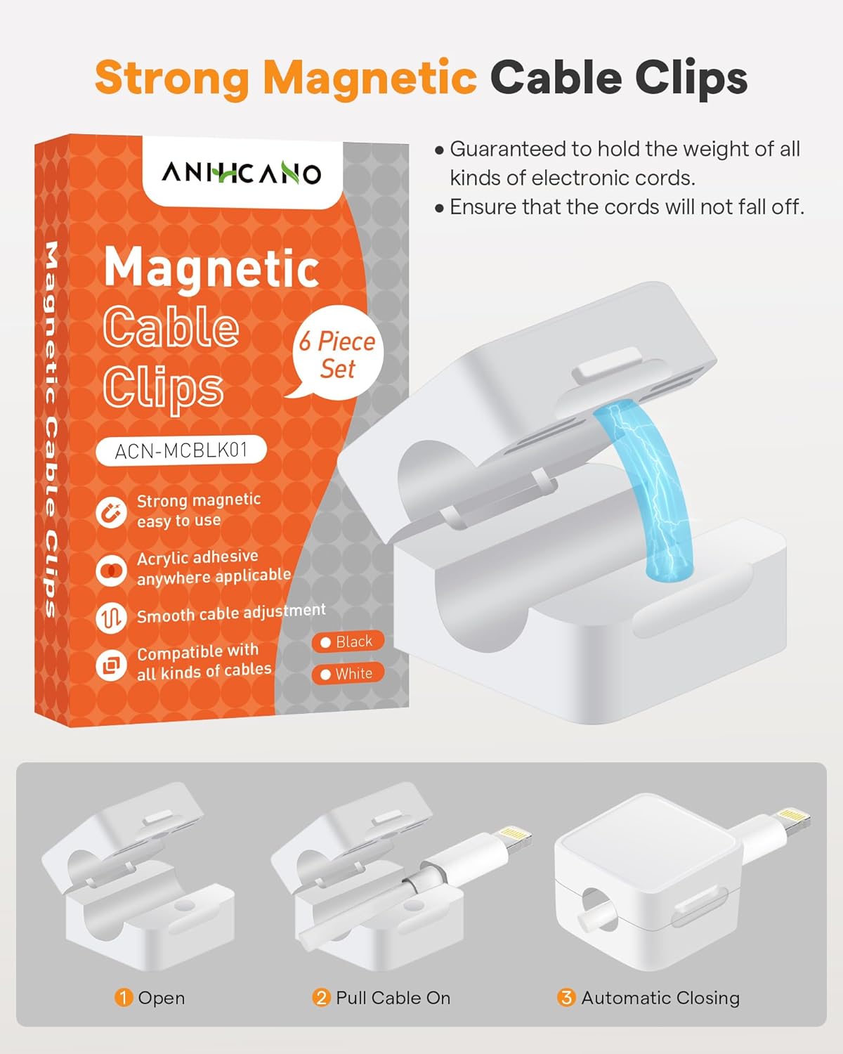 6 Pack Magnetic Cable Clips+2 Sheets (20 Lables) Cute Self-Adhesive Sticker Lables, 11.5mm Ultra Slim Smooth Adjustable Cord Organizer, Under Desk Cable Management for Home/Office/Kitchen/Nightstand