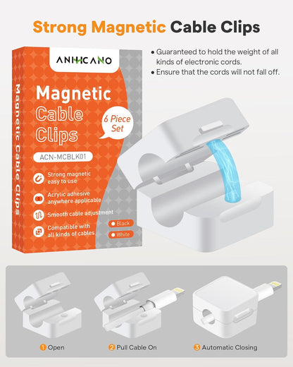6 Pack Magnetic Cable Clips+2 Sheets (20 Lables) Cute Self-Adhesive Sticker Lables, 11.5mm Ultra Slim Smooth Adjustable Cord Organizer, Under Desk Cable Management for Home/Office/Kitchen/Nightstand