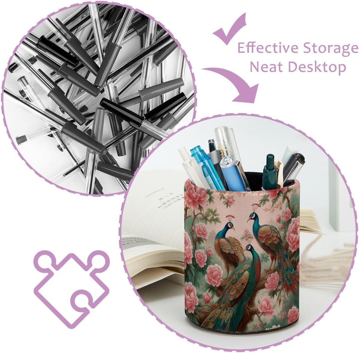 Leather Pen Holder for Desk, Love Cherry Pencil Organizer Pencil Cup Desk Decor Makeup Brush Holder Multifunctional Office Supplies for Home,Office, School