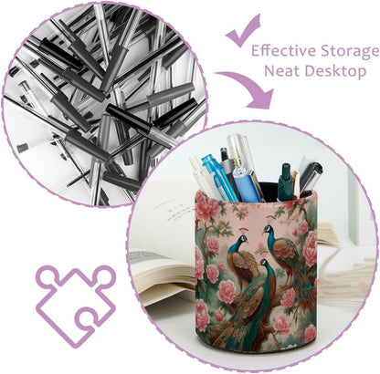 Leather Pen Holder for Desk, Love Cherry Pencil Organizer Pencil Cup Desk Decor Makeup Brush Holder Multifunctional Office Supplies for Home,Office, School