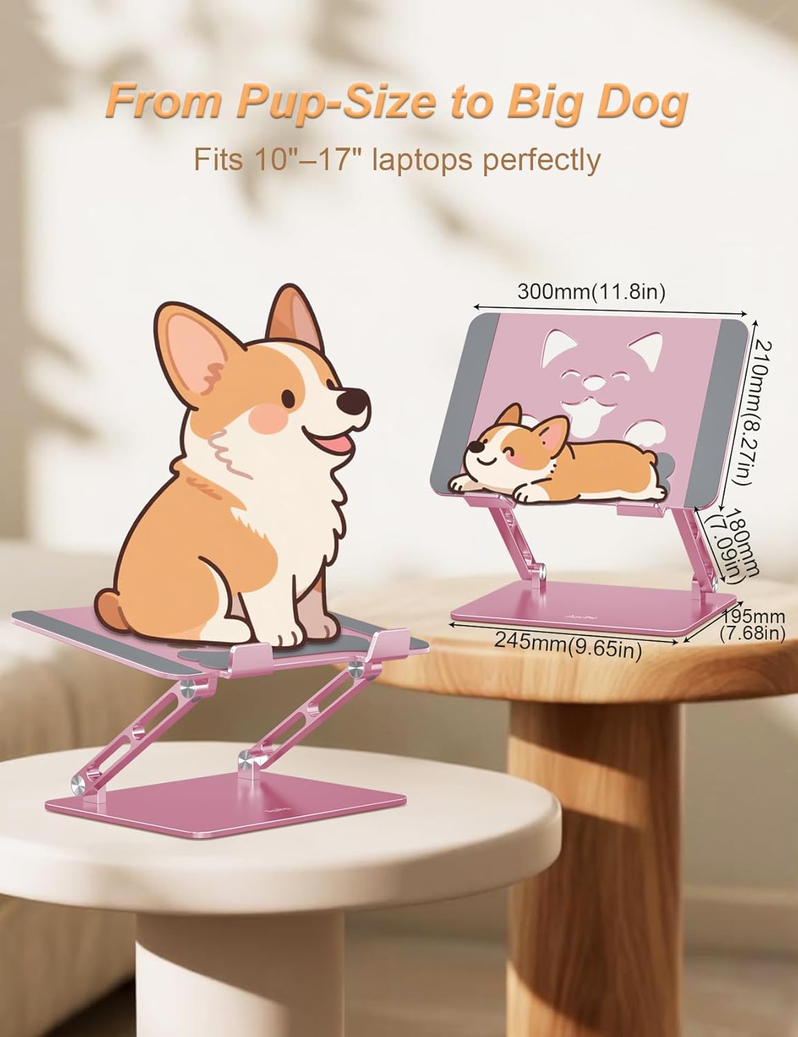 Aoviho Laptop Stand for Desk-Adjustable, Foldable, Portable, Ergonomic Aluminum Notebook Riser with Unique Puppy Cooling Vent, Desk Gift for 10"-17.3" Devices Mac, Dell, HP, Lenovo, Samsung, Gray