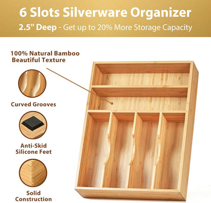 Umilife Bamboo Kitchen Drawer Organizer, 13 Inch Silverware Utensil Tray Holder, Extra Deep Grooved Drawer Divider, 7 Slots Total Bamboo Wood Caddy for Flatware Cutlery Knives, Forks, Spoons