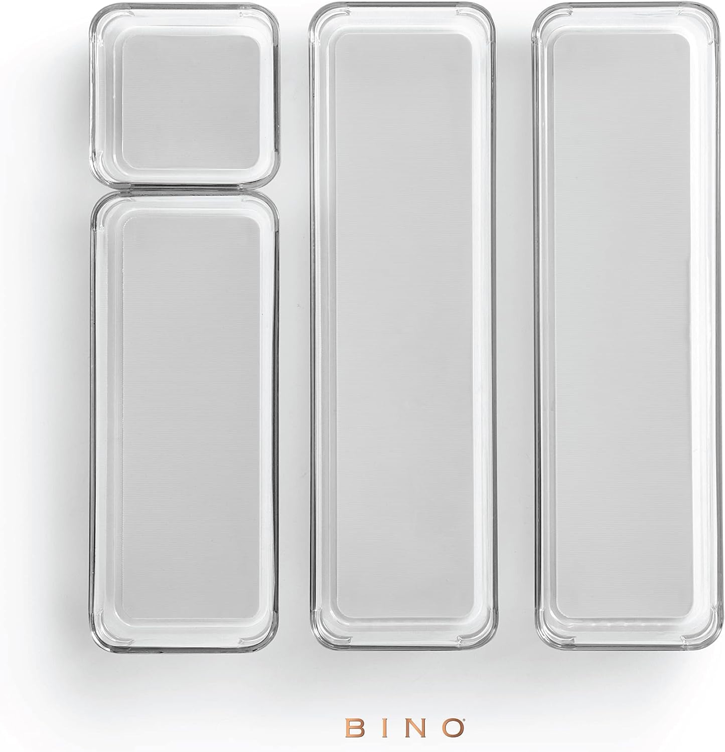 BINO | 4-Piece Drawer Organizer Bin Set - Grey, Small | THE MODULAR+ | Multi-Purpose Storage | Soft-Grip Lining and Non-Slip Rubber Feet | Durable | BPA-Free | Desk Drawer Organizer | Vanity