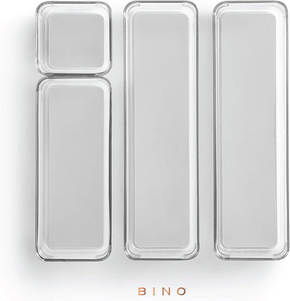 BINO | 4-Piece Drawer Organizer Bin Set - Grey, Small | THE MODULAR+ | Multi-Purpose Storage | Soft-Grip Lining and Non-Slip Rubber Feet | Durable | BPA-Free | Desk Drawer Organizer | Vanity