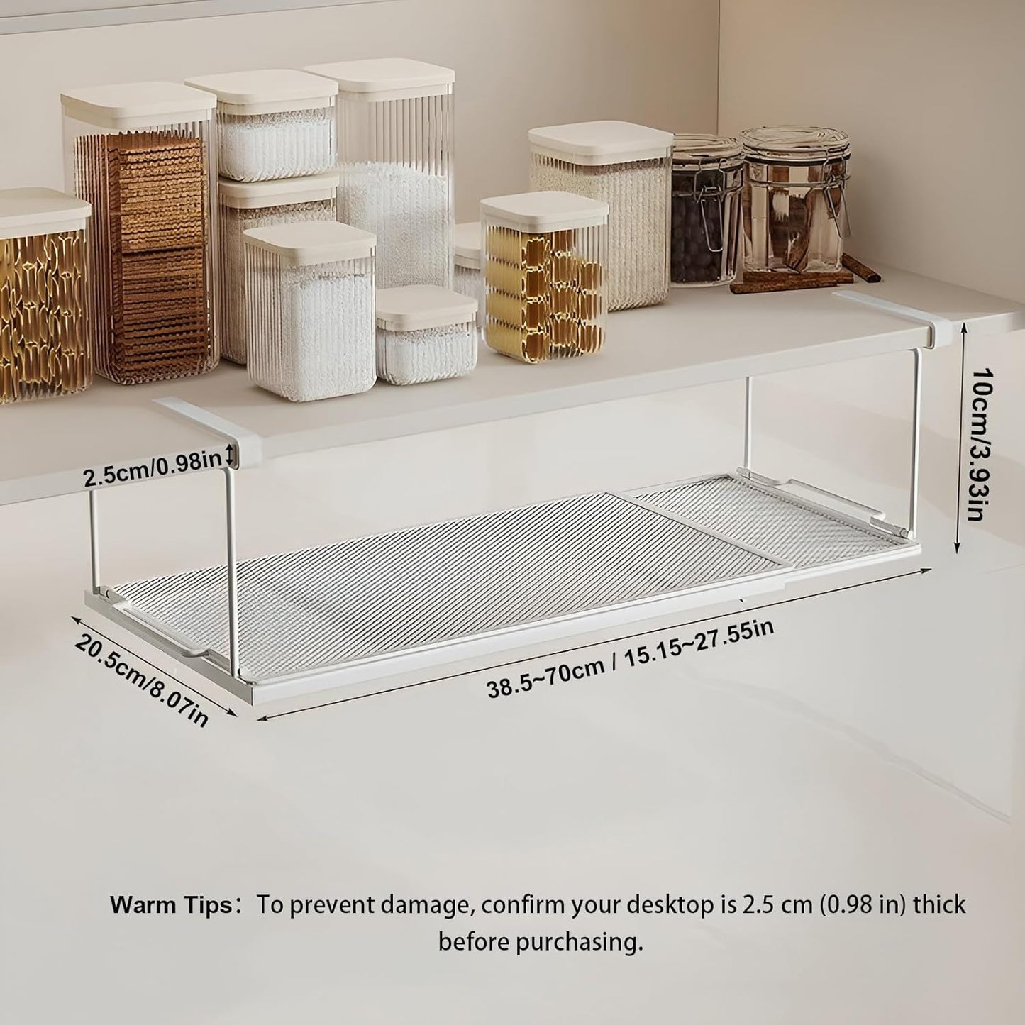 1 Pack Expandable Under Cabinet Shelf, Under Shelf Basket with 0.94 Inches Thick Clips for Kitchen Cupboard, Metal Hanging Under Desk Basket for Laundry Room, Cabinet, Shoe Rack