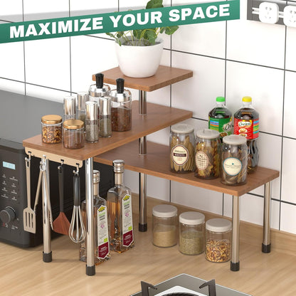 ZHWS Kitchen Countertop Organizer Spice Rack for Salt, Bathroom Counter Organizer Over Sink for Makeup, Skincare, Adjustable 3-Tier Corner Counter Shelf with 4 Hooks for Coffee Bar Dresser Table