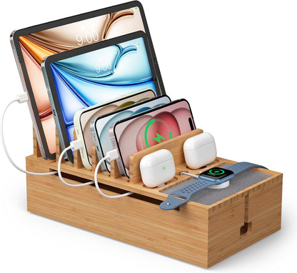 Pezin & Hulin Multi Charger Station Organizer Rack, Bamboo Cable Management Box, Power Strips and Cord Hider, Nightstand Device Organizer (Include 6 Cables)(No Power Charging Supply) -White