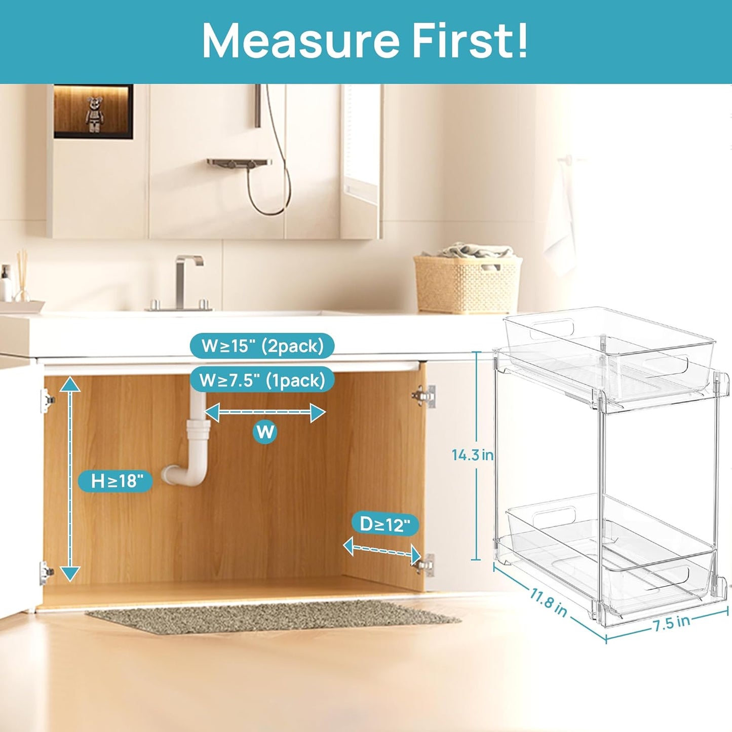 Vtopmart 4 Pack Bathroom Organizer, 2 Tier Clear Under Sink Organizers Vanity Countertop Storage Container,Cabinet Drawers Bins, Pull-Out Organization with Track for Pantry, Kitchen