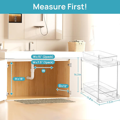 Vtopmart 4 Pack Bathroom Organizer, 2 Tier Clear Under Sink Organizers Vanity Countertop Storage Container,Cabinet Drawers Bins, Pull-Out Organization with Track for Pantry, Kitchen