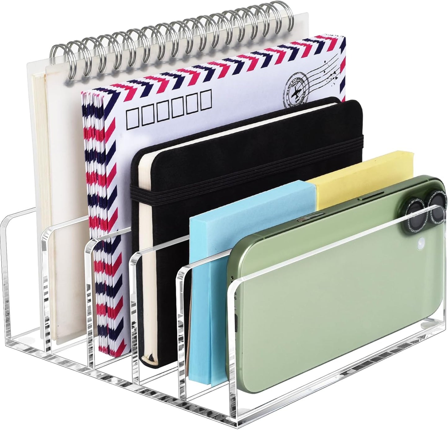 BEYGORM Acrylic Mail Holder, Clear Multifunction Desk Organizer with Divider, Vertical Letter Sorter for Desktop, 5 Compartments Modern Office Home Envelope Organizer for Bill, Document, Folder
