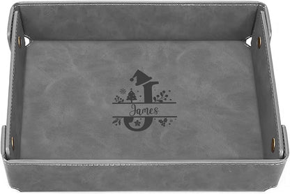 Engraved Leather Valet Tray for Men – Personalized Catchall with Custom Name for Desk, Dresser, Nightstand – Men's Organizer Tray for Keys, Wallet, Jewelry, Personalized Gift for Home, Office - Coffee