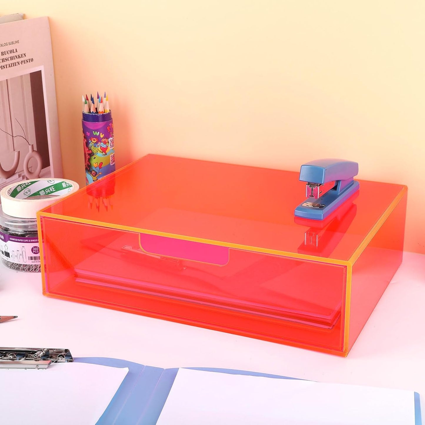 Gelite Acrylic Desk Organizer with Drawer for Makeup Vanity Stackable Desktop Storage Box for Office Supplies, 13.8 x 9.8 x 3.9’’, Neon Green
