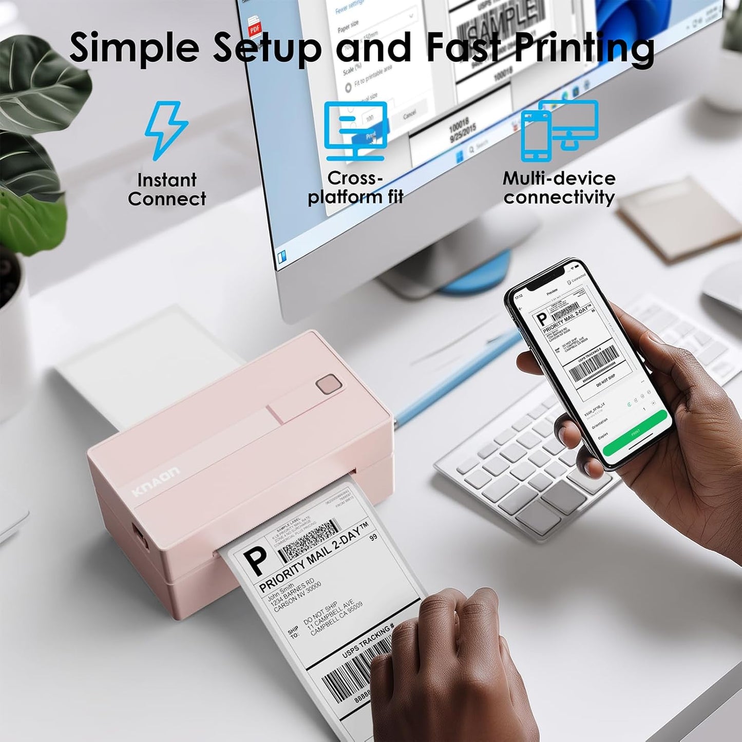 KNAON Bluetooth Thermal Shipping Label Printer, 4x6 Portable Thermal Address Label Printer for Small Business, Compatible with iPhone,Android,Windows,Mac–Works with Etsy Shopify USPS&More, White