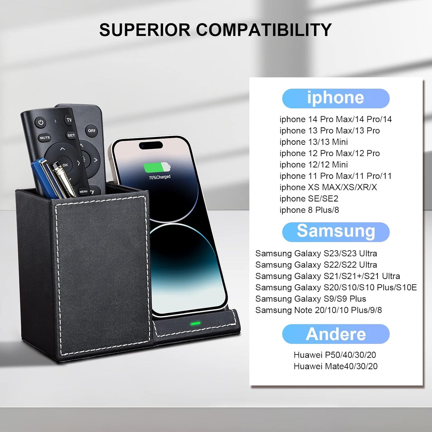 Wireless Charger with Desk Organizer, Wireless Charging Station for iPhone 13/13 Pro Max/13 Pro/12 Series/11/XS Max/XR/X/8Plus/SE 2, Wireless Charging Stand with Leather… (Marble)
