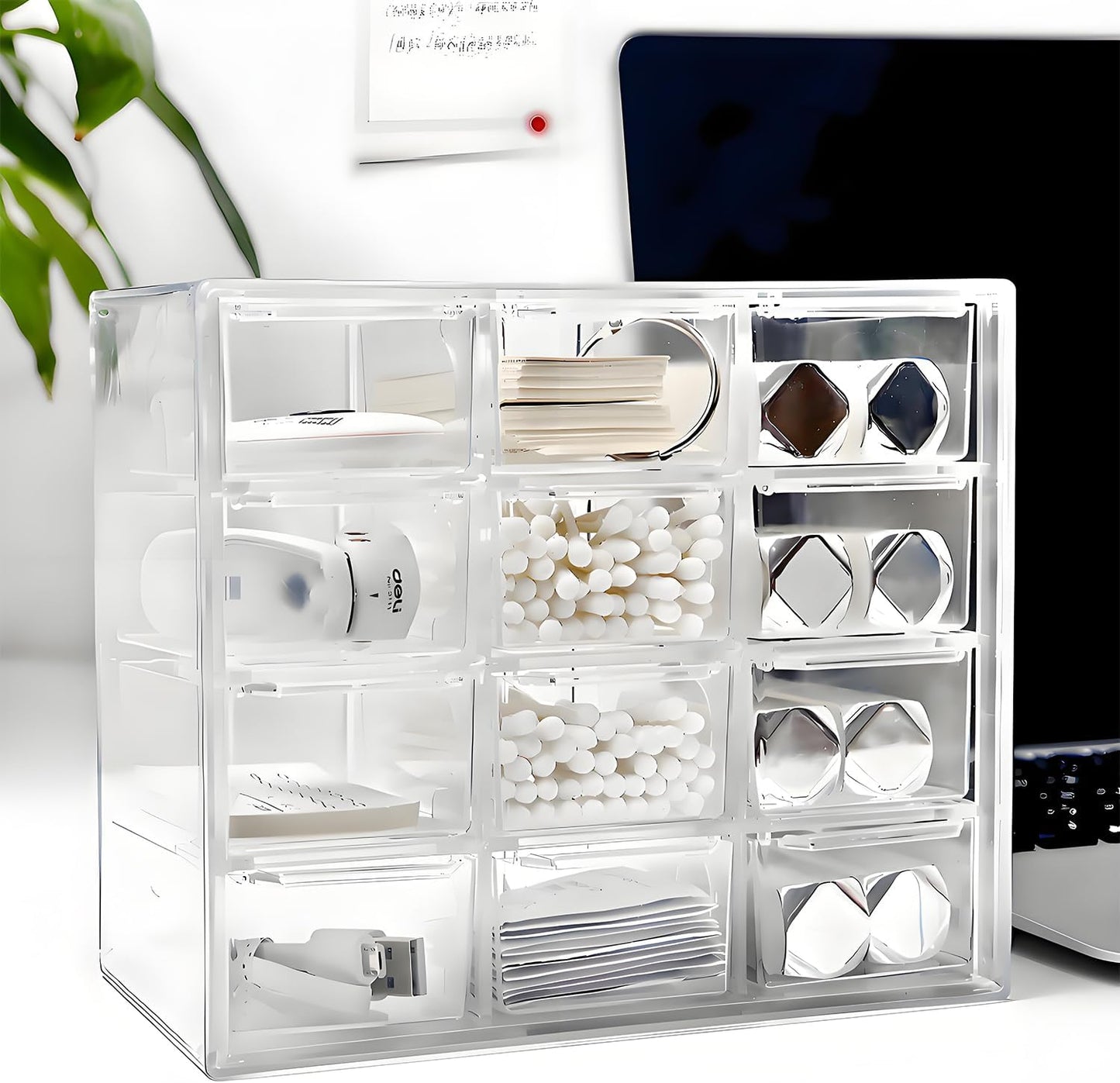 2 Pack Mini Desk Organizer with 12 Removable Drawers - Clear Plastic Desktop Storage Box for DIY Crafts, Art Supplies, Office Essentials, Cosmetics & Jewelry
