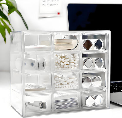 2 Pack Mini Desk Organizer with 12 Removable Drawers - Clear Plastic Desktop Storage Box for DIY Crafts, Art Supplies, Office Essentials, Cosmetics & Jewelry