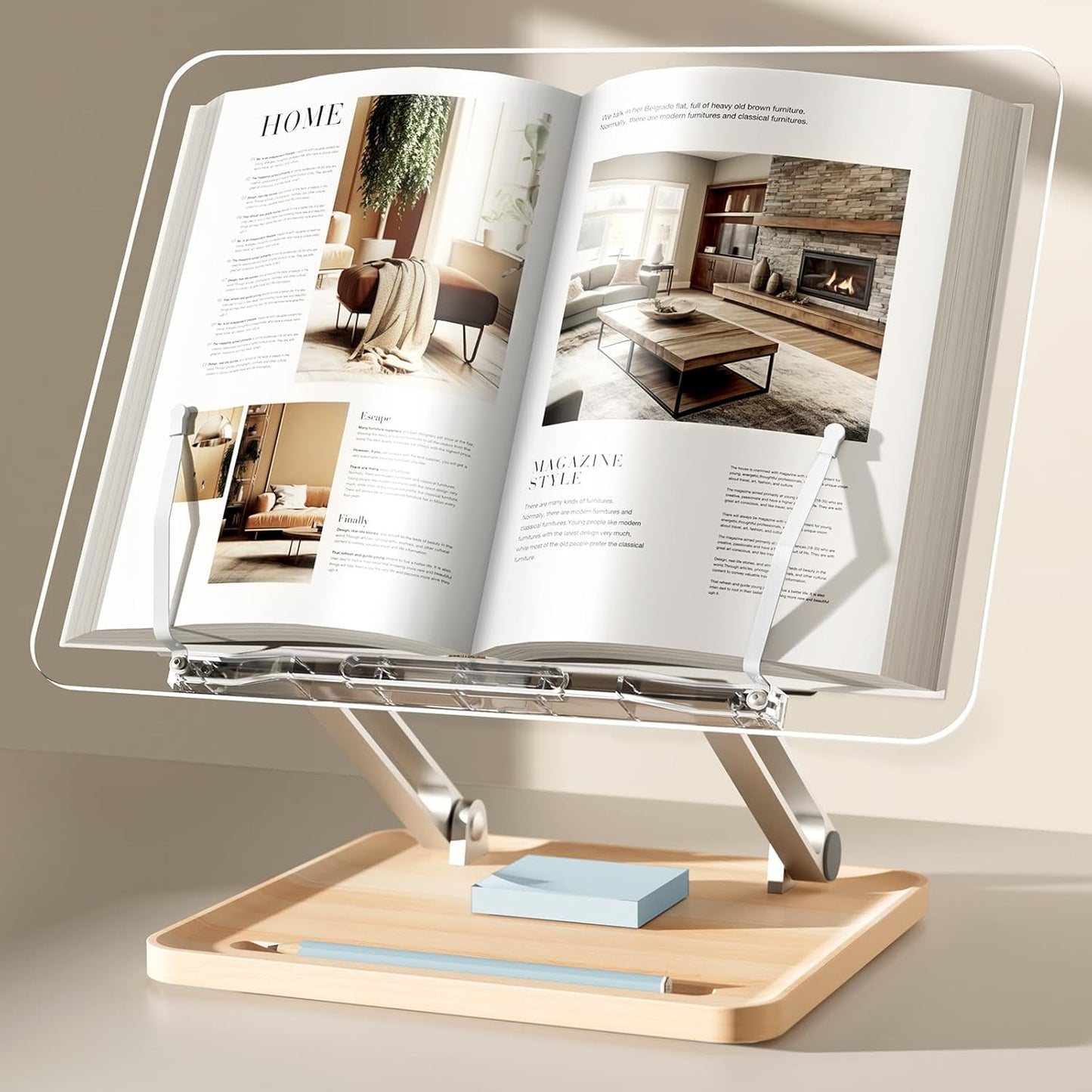 Adjustable Acrylic Book Stand for Reading, Book Holder with Pen Slot, Foldable Desktop Riser for Laptop, Recipe, Textbook - Hands-Free,Cookbook Stand, Clear Design with Page Clips