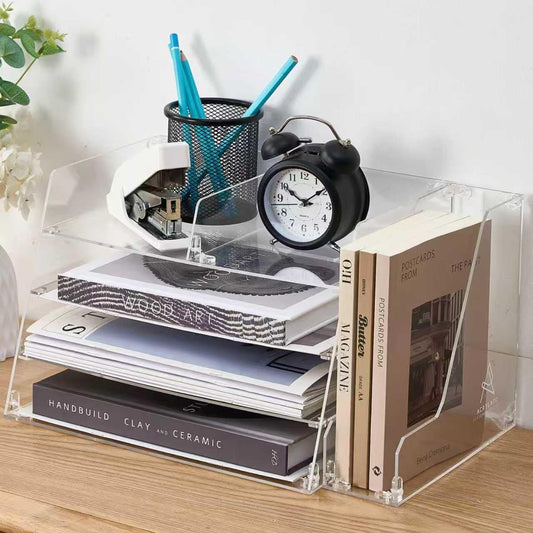 Acrylic Desk Organizer - 4-Tier Tray with Vertical File Holder for Books, Stationary, Letter, Magazines, Documents, and File Organizer - Durable Space Saving Storage, For Home and Office