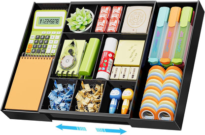 Marbrasse Expandable Desk Drawer Organizer, Clear Plastic Drawer Organizer Tray with 10 Adjustable Compartments, Desk Organizers and Accessories, 5 Drawer Dividers for Office Supplies, Makeup(Black)