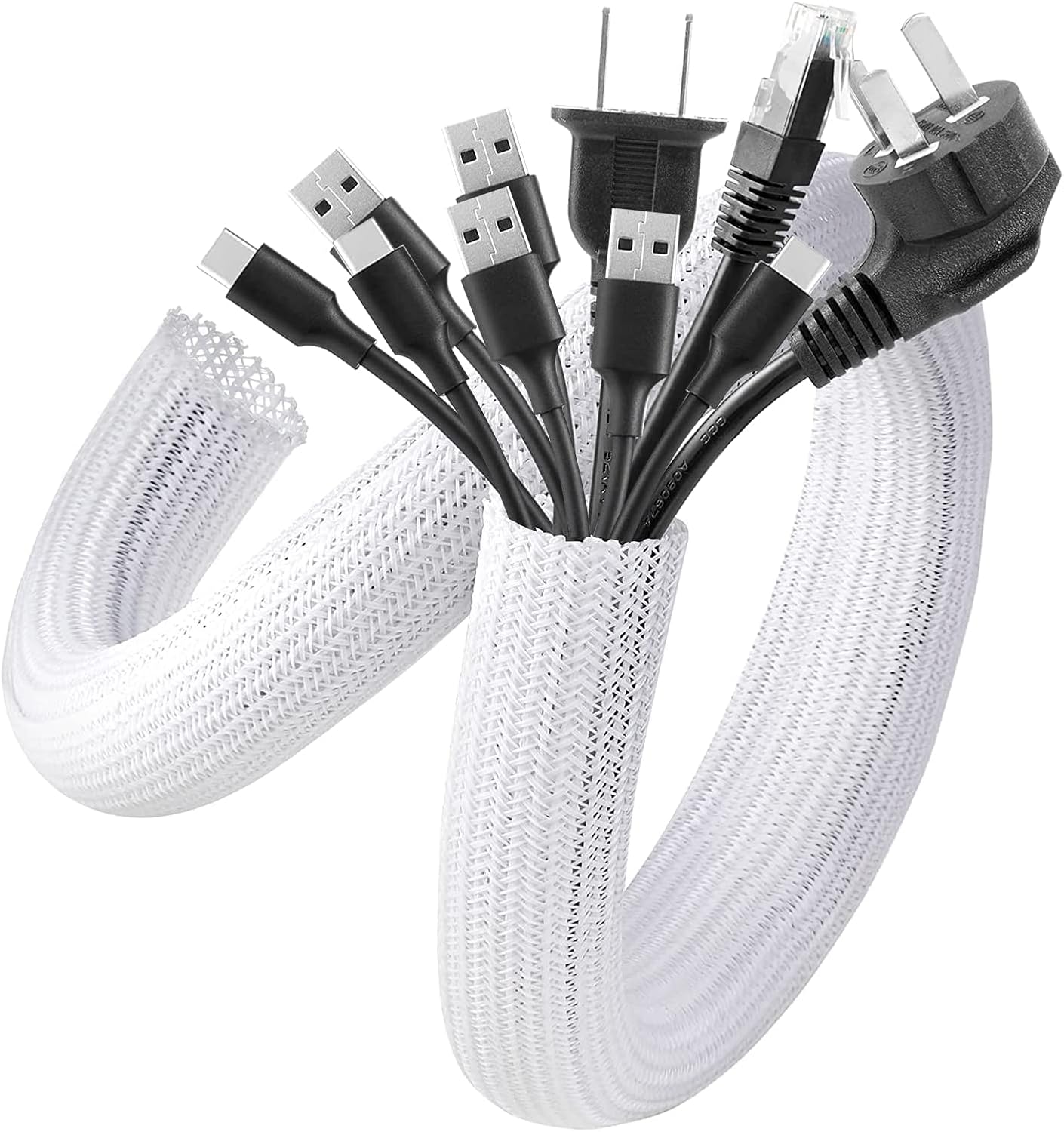 AGPTEK White Cable Sleeve, 2 Pack 5ft - 1.2 Inch Cable Management, Desk Cord Cover Organizer Wire Hider for Computer TV Wire Loom Tubing, Pet Proof Cord Protector from Cat Dog Chewing, White