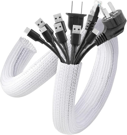 AGPTEK White Cable Sleeve, 2 Pack 5ft - 1.2 Inch Cable Management, Desk Cord Cover Organizer Wire Hider for Computer TV Wire Loom Tubing, Pet Proof Cord Protector from Cat Dog Chewing, White