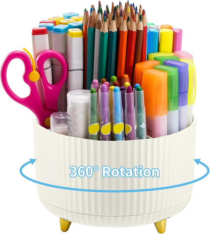Marbrasse Desk Organizer, 360-Degree Rotating Pen Holder, Desk Organizers and Accessories with 5 Compartments Pencil Holder, Art Supply Storage Box Caddy for Office, Home（White）