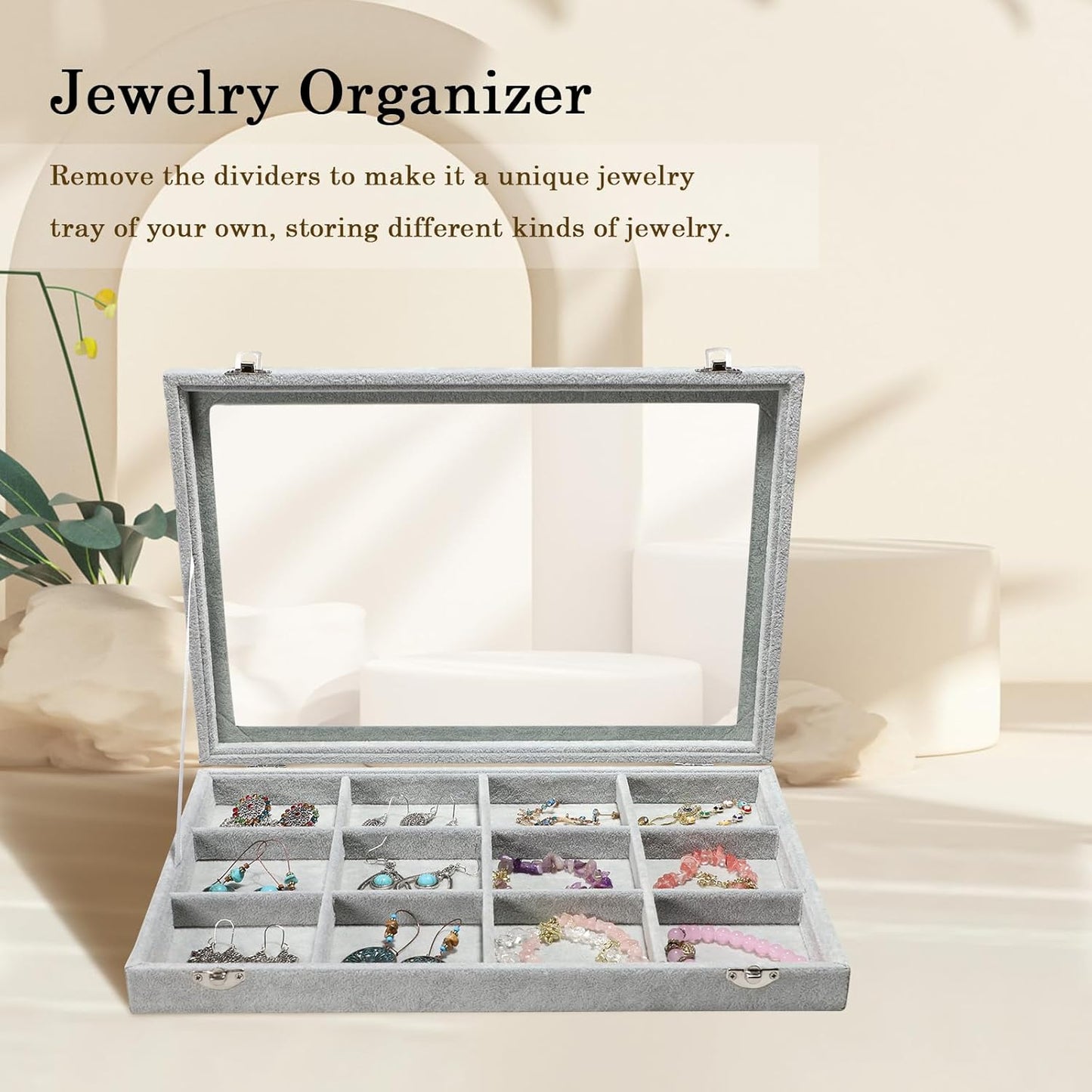 Stratalife Jewelry Organizer Bracelet Organizer Storage Box 12 Grid Stackable Jewelry Tray with Lid Velvet Jewelry Box for Drawer Necklace Bracelet Display Storage Organizer Box (Beige)