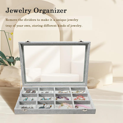 Stratalife Jewelry Organizer Bracelet Organizer Storage Box 12 Grid Stackable Jewelry Tray with Lid Velvet Jewelry Box for Drawer Necklace Bracelet Display Storage Organizer Box (Beige)