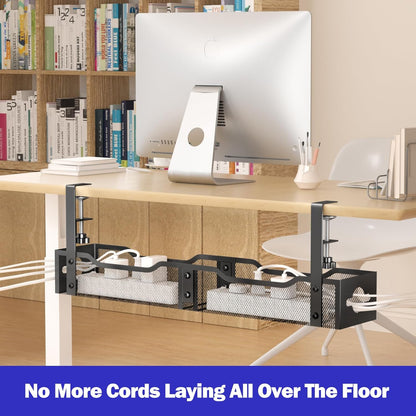 Under Desk Cable Management Tray 25.12", Extra Large Cable Management No Drill, Extended Cord Organizer with Adjustable Clamps, Black
