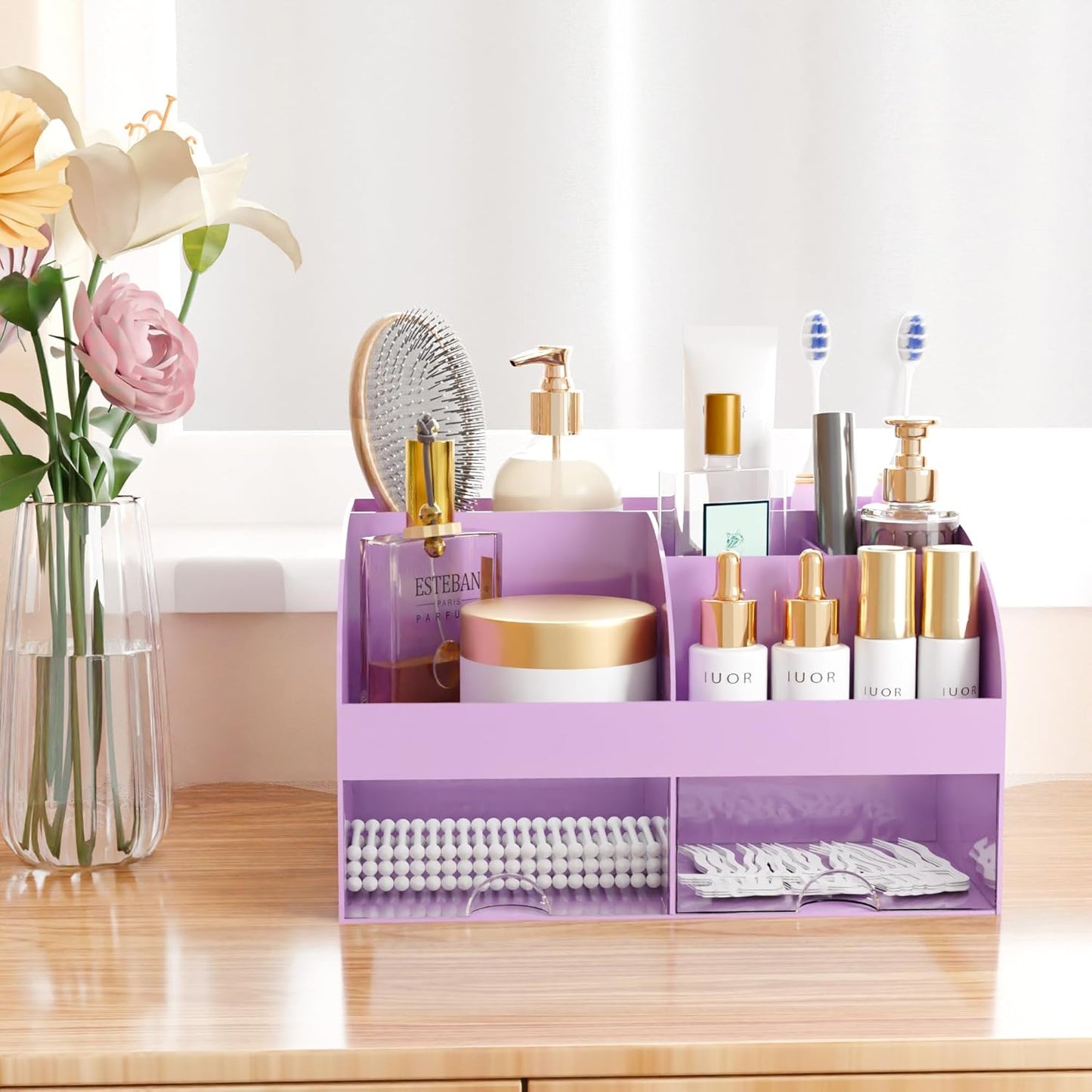 Makeup Organizer with Drawers, Cosmetic Storage for Dresser Vanity and Bathroom Countertop, Beauty Holder for Lipstick Brush, Skincare Organizer for Vanity, Cosmetic Display Case (White)