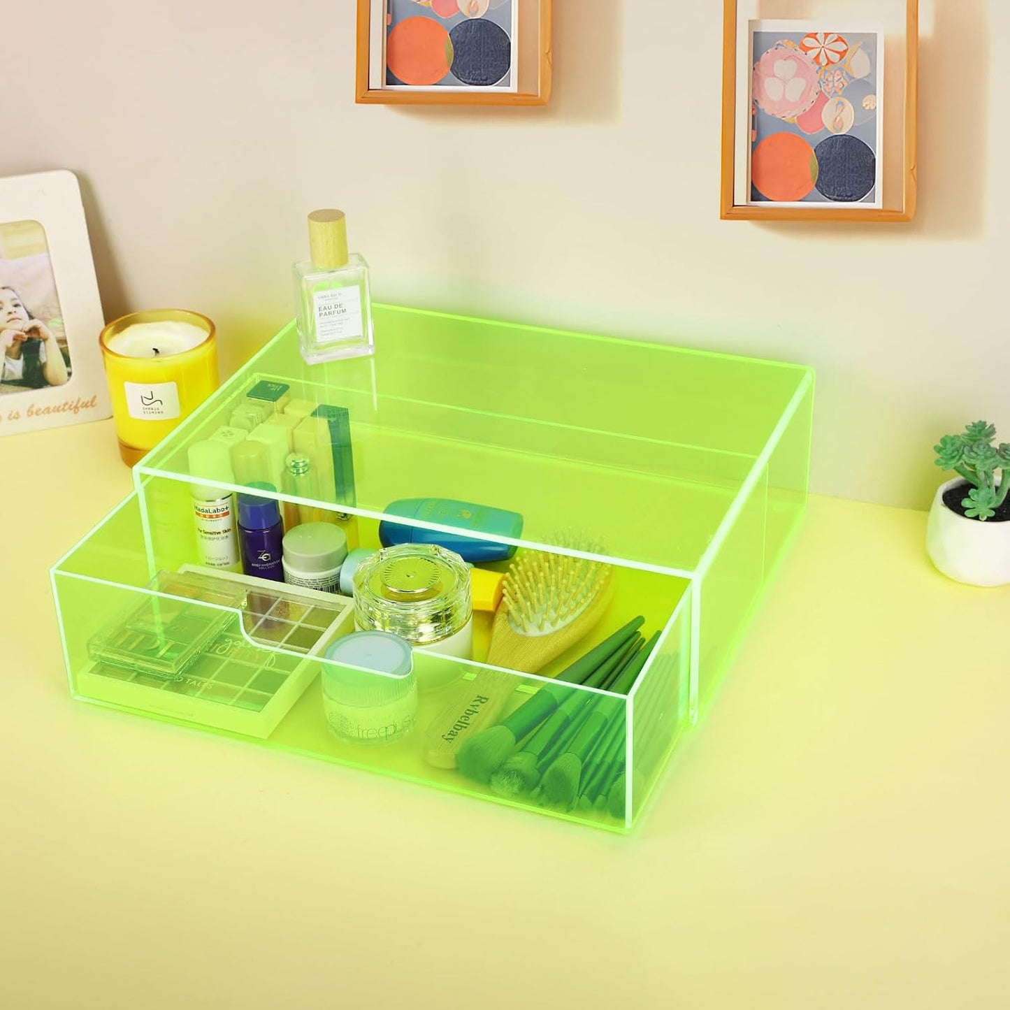Gelite Acrylic Desk Organizer with Drawer for Makeup Vanity Stackable Desktop Storage Box for Office Supplies, 13.8 x 9.8 x 3.9’’, Neon Green