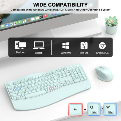 Wireless Keyboard and Mouse Combo, 2.4G Full Size Wave Keys Ergonomic Keyboard with Wrist Rest and 3-Level DPI Adjustable Wireless Ergonomic Mouse for Windows, Mac OS Desktop/Laptop/PC(Black)