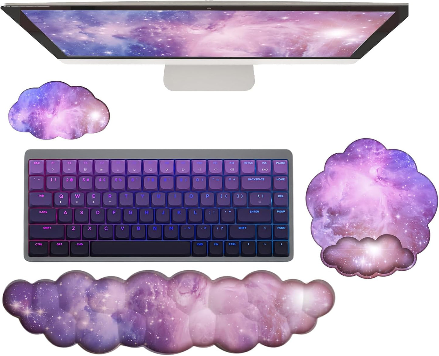 Cloud Wrist Rest Keyboard Pink Mouse Pad Set with Wrist Rest Ergonomic Wrist Pad Memory Foam Non-Slip Base Cute Gradient Wrist Support for Computer Laptop Gaming Home Office Relief Typing Pain