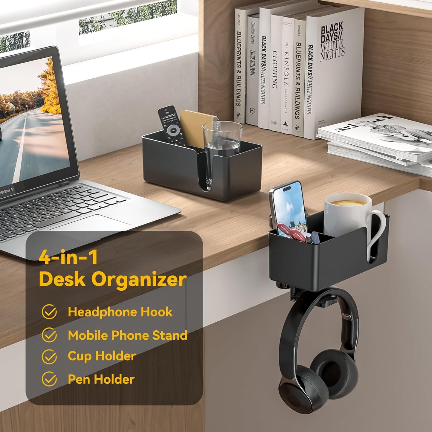 KDD 4-in-1 Desk Organizer - Under Desk Cup Holder and Headphone Hanger with 2 Wire Holes - Rotating Hanger and Detachable Storage for Cup, Phone and Pen (White)