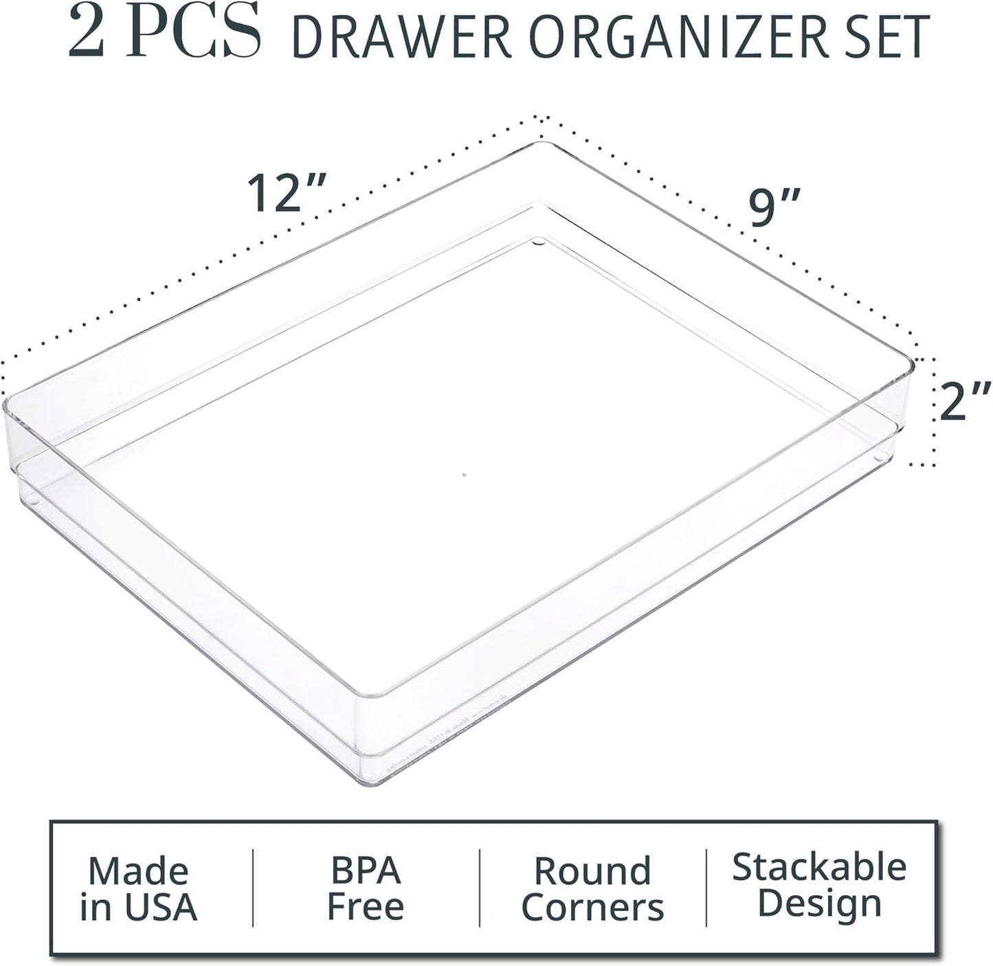 STORi SimpleSort 3-Piece Stackable Clear Drawer Organizer Set | 9" x 6" x 2" Rectangle Trays | Wide Makeup Vanity Storage Bins and Office Desk Drawer Dividers | Made in USA