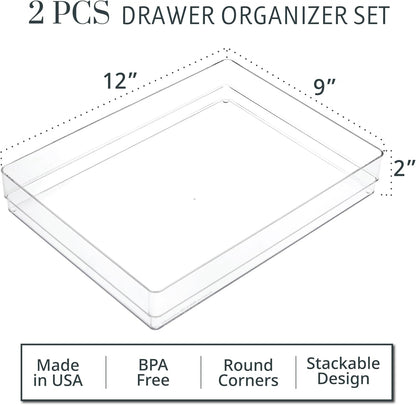STORi SimpleSort 3-Piece Stackable Clear Drawer Organizer Set | 9" x 6" x 2" Rectangle Trays | Wide Makeup Vanity Storage Bins and Office Desk Drawer Dividers | Made in USA