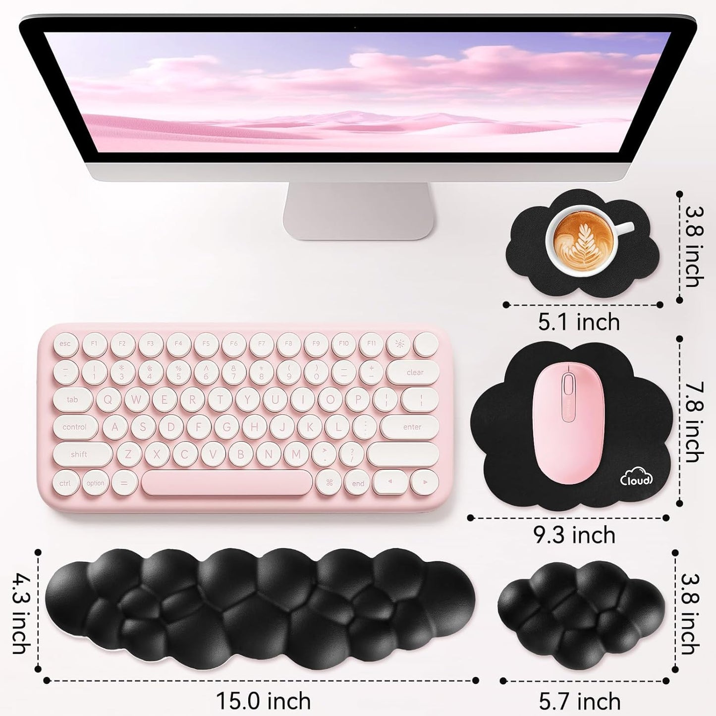 Sushret Cloud Wrist Rest for Computer Keyboard, 4-in-1 Memory Foam Leather Cloud Keyboard Wrist Rest and Mouse Pad Set with Ergonomic Support for Arm and Palm Cushion, Gaming/Work Setup, Rainbow