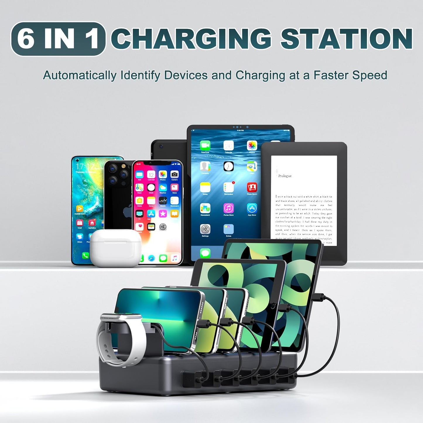 Charging Station for Multiple Devices, 6 Port 50W Fast Multi Charger Station Charging Dock with 6 Mixed Charging Cables for iPhone, iPad, Kindle, Tablet, Cellphone and Others