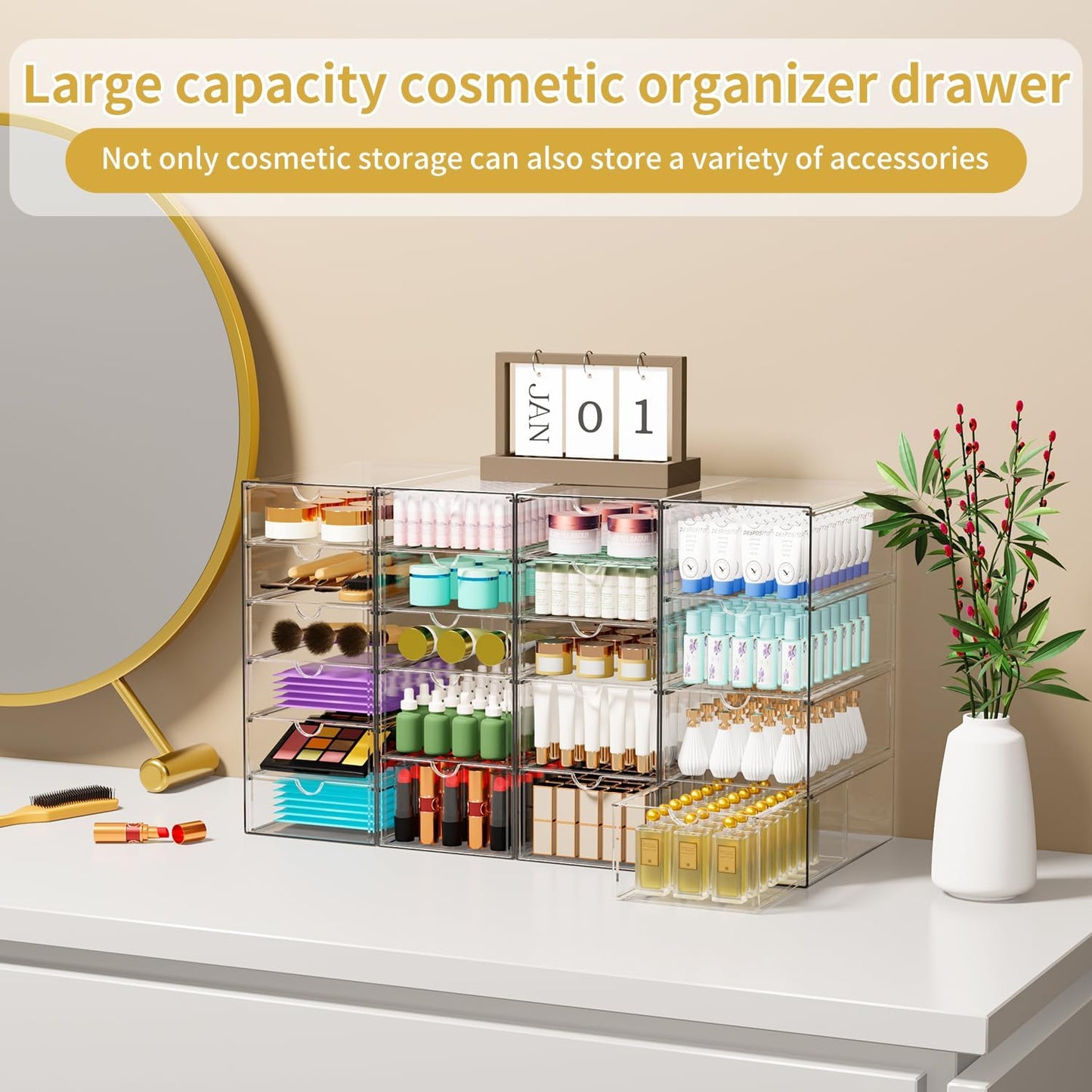 Acrylic Makeup Organizer with 20 Drawers, 4 Set Clear Storage Drawers, Acrylic Drawer Organizer and Storage for Desktop Office Supplies Make Up Pen Hair Accessories