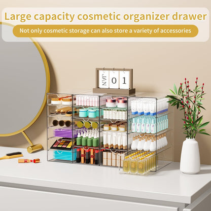 Acrylic Makeup Organizer with 20 Drawers, 4 Set Clear Storage Drawers, Acrylic Drawer Organizer and Storage for Desktop Office Supplies Make Up Pen Hair Accessories