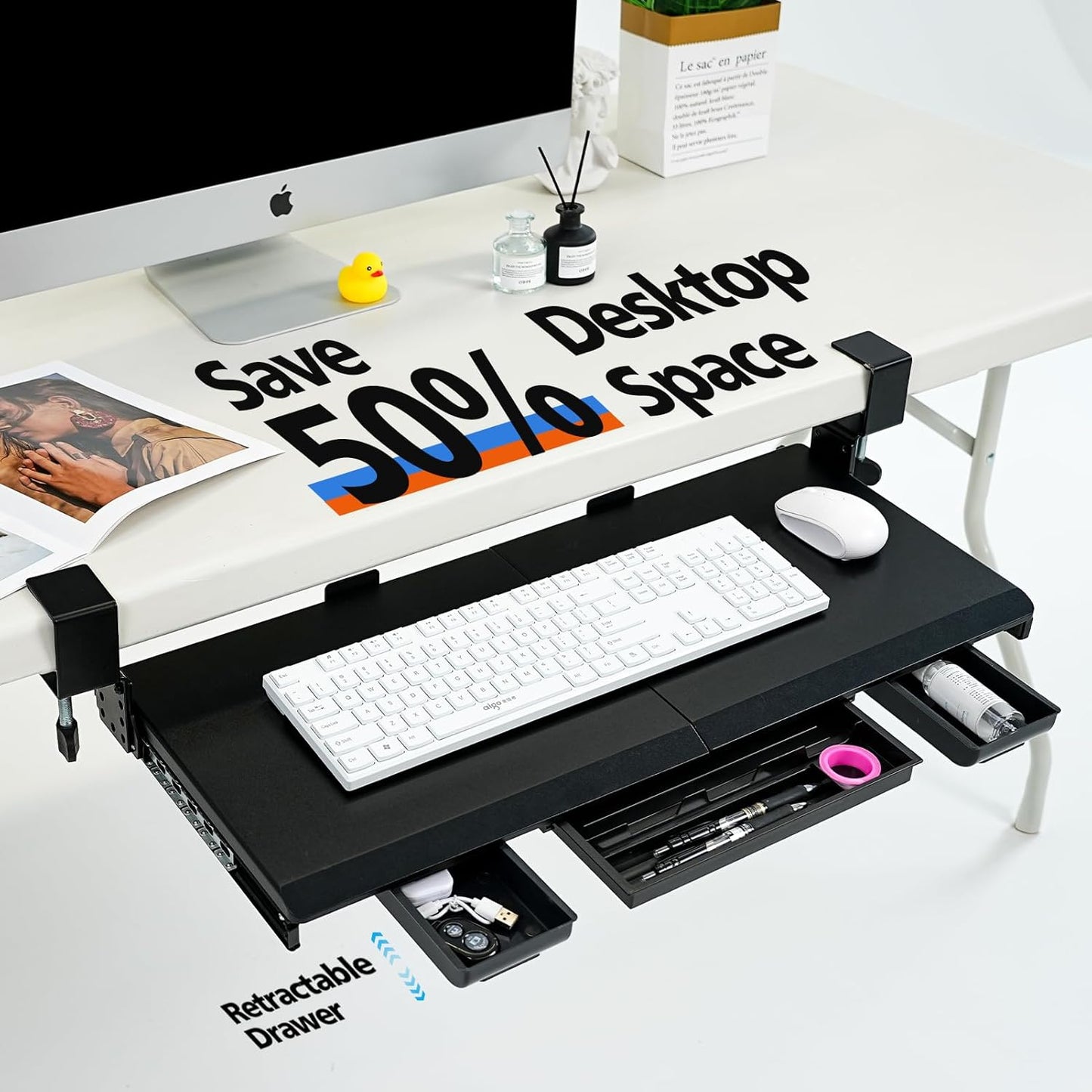 Large Keyboard Tray Under Desk Slide Out with Sturdy C-Clamp Mount and Storage Drawer, 27" (31" Including Clamps) x 12" Ergonomic Keyboard Trays for Home and Office, Black
