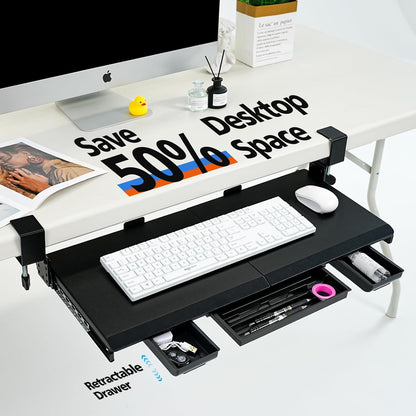 Large Keyboard Tray Under Desk Slide Out with Sturdy C-Clamp Mount and Storage Drawer, 27" (31" Including Clamps) x 12" Ergonomic Keyboard Trays for Home and Office, Black