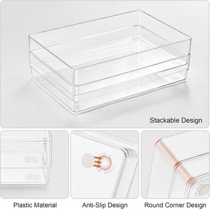 SMARTAKE 6 PCS Clear Plastic Drawer Organizers Set, Large Size Non-Slip Desk Drawer Organizer, Versatile Bathroom and Vanity Drawer Organizer Trays for Makeup, Bedroom, Office, Kitchen Utensils