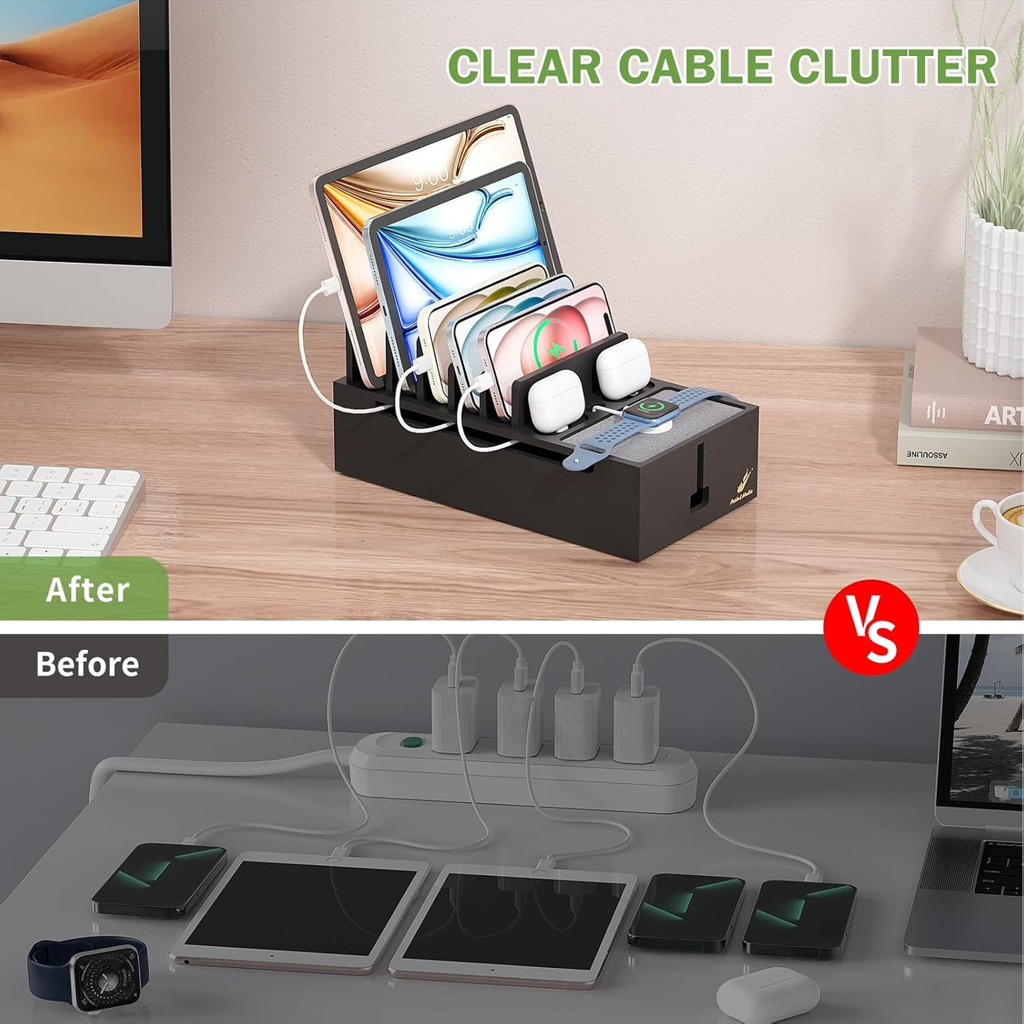 Pezin & Hulin Multi Charger Station Organizer Rack, Bamboo Cable Management Box, Power Strips and Cord Hider, Nightstand Device Organizer (Include 6 Cables)(No Power Charging Supply) -White