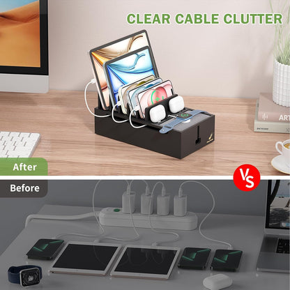 Pezin & Hulin Multi Charger Station Organizer Rack, Bamboo Cable Management Box, Power Strips and Cord Hider, Nightstand Device Organizer (Include 6 Cables)(No Power Charging Supply) -White
