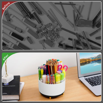 Marbrasse Desk Organizer, 360-Degree Rotating Pen Holder, Desk Organizers and Accessories with 5 Compartments Pencil Holder, Art Supply Storage Box Caddy for Office, Home（White）
