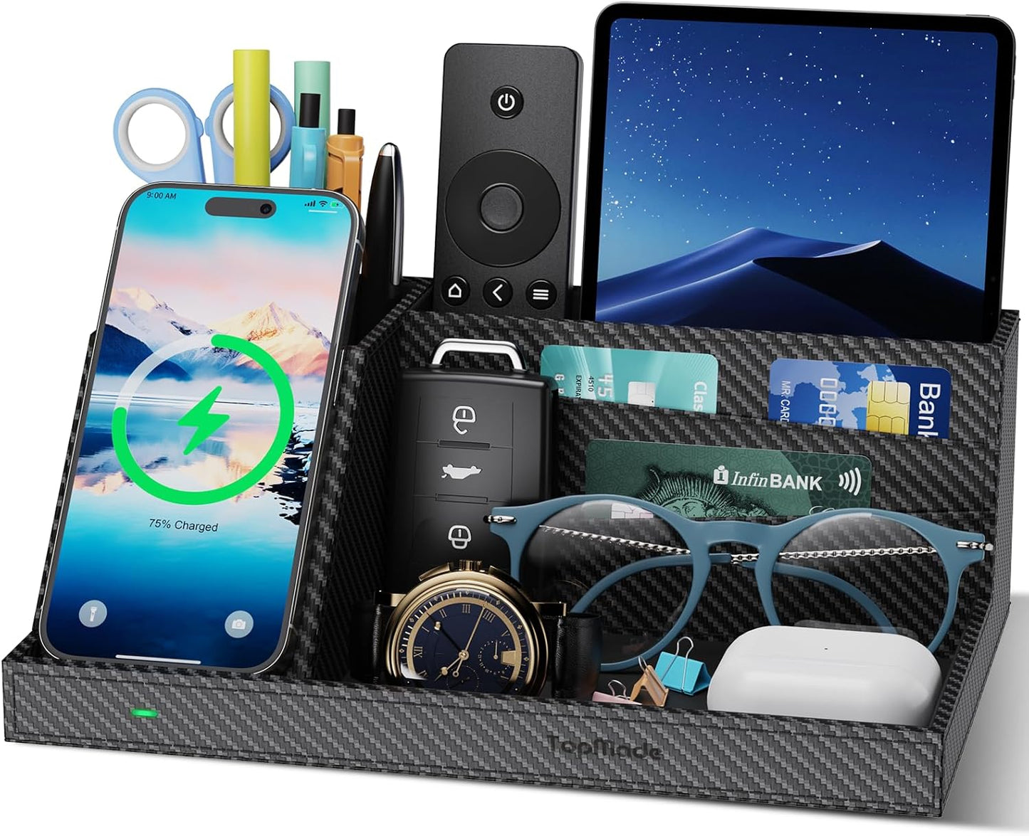 TopMade Wireless Charger Desk Nightstand Organizer, Leather Pen Holder Office Supplies Desk Accessories Fast Charging Station, Remote Control Holder, for iphone Charger Stand Gifts for Men (Black)