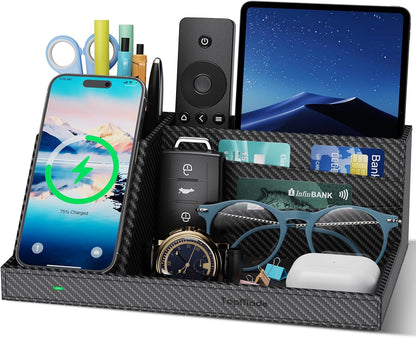 TopMade Wireless Charger Desk Nightstand Organizer, Leather Pen Holder Office Supplies Desk Accessories Fast Charging Station, Remote Control Holder, for iphone Charger Stand Gifts for Men (Black)